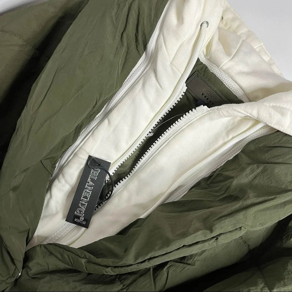 25) NWT BLANK NYC Olive Green & Cream Hooded Quilted Tie Waist Puffer Jacket MED - Picture 12 of 14